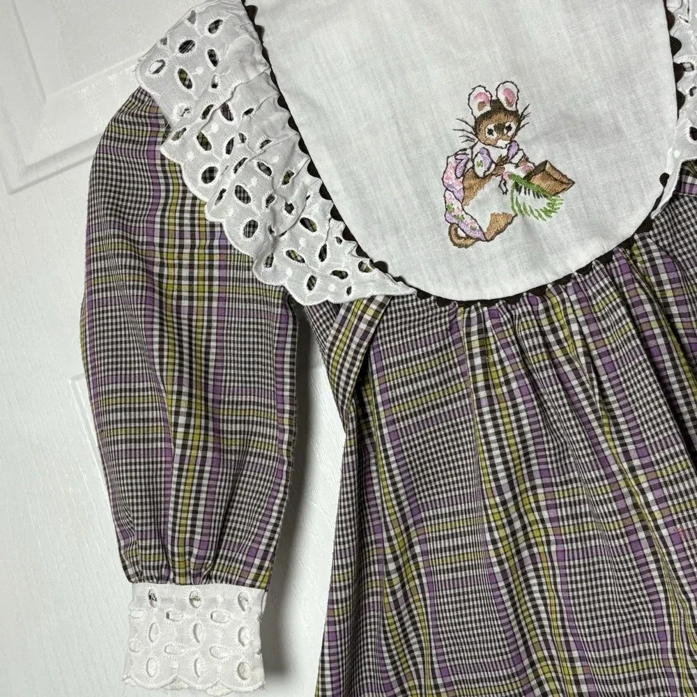 Girls VTG Dress Sz 5 Embroidered Mouse Lace‎ Collar Sleeves Gingham Print Tie